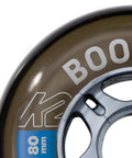 Close-up of an 80mm 82A Booster wheel showing the branding, part of Boost Your Ride With 4 Wheel Pack Of 80mm 82A Booster Wheels For Inline Skates