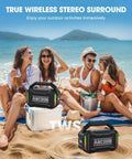 Group enjoying beach with Rugged Bluetooth Wireless Speaker With 80W Peak Power And Dope Bass, 20 Hours Play Time, IPX6 Waterproof