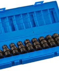 Three Eighths Inch Drive 10 Piece 12 Point Standard Length Metric Universal Socket Set for Impact Tools in blue case
