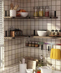 Heavy Duty Black Metal Shelf Brackets Two Pack Tough As Nails Steel J Hook With Lip For Diy Floating Open Wall Shelves Rust Proof Epoxy Coated Industrial L Mounts 7 9 Inch holding wooden shelves in kitchen.