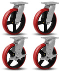 Heavy Duty 8X2 Inch Caster Wheels Set Of 4 With 6000Lb Capacity, Polyurethane Tread Crowned On Cast Iron Core, 2 Brakes And 2 Swivel