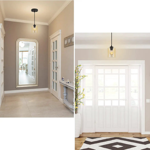 Industrial Pendant Light With Clear Glass Shade In Matte Black For Kitchen Island Living Room Hallway Bedroom Dining Bar Modern Farmhouse Ceiling Hanging Lamp Dope Style Lighting Fixture in hallway setting.