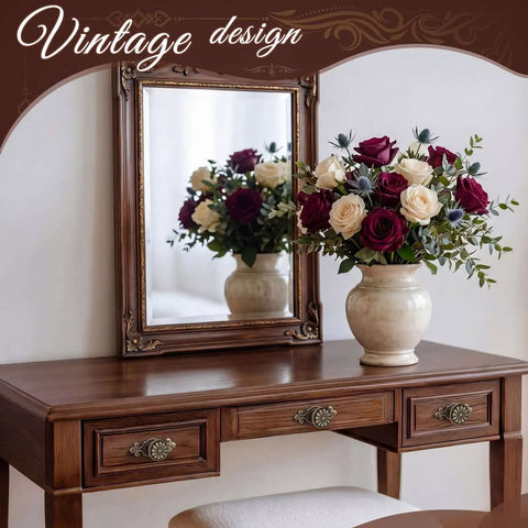 Vintage dresser with mirror and floral vase with antique brass cabinet knobs set with backplates flower shape vintage drawer pulls
