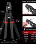 Close-up of All-In-One 328ft Wire Rope Crimping Tool Kit With Heavy-Duty Crimp Tool Black Vinyl Coated, dimensions shown.
