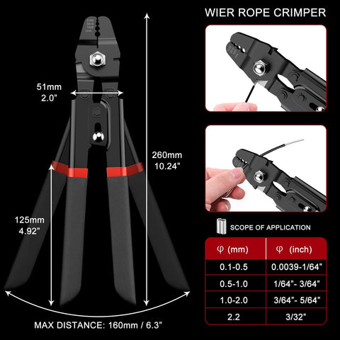 Close-up of All-In-One 328ft Wire Rope Crimping Tool Kit With Heavy-Duty Crimp Tool Black Vinyl Coated, dimensions shown.