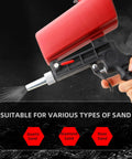 Wreck Old Rust And Peeling Paint Fast With This Heavy Duty Gravity Sandblaster Gun Kit Using A Ninety Psi Pneumatic Trigger To Prep Metal And Wood Smooth Without Breaking A Sweat In Red, showing the sandblaster with varied sand types.