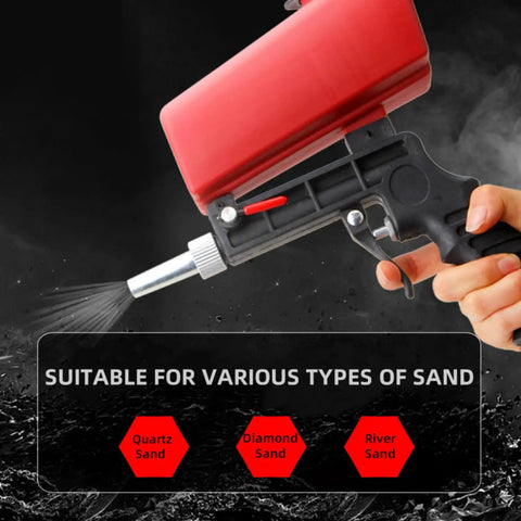 Wreck Old Rust And Peeling Paint Fast With This Heavy Duty Gravity Sandblaster Gun Kit Using A Ninety Psi Pneumatic Trigger To Prep Metal And Wood Smooth Without Breaking A Sweat In Red, showing the sandblaster with varied sand types.