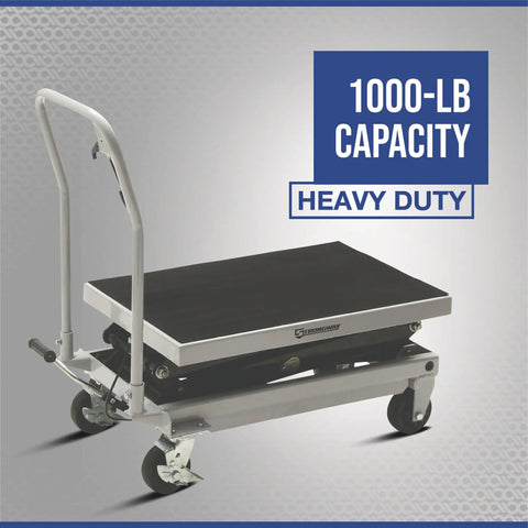 Heavy Duty Hydraulic Table Cart With Fast Two Speed Lift And 1000 LB Capacity Built Tough For Garage Projects Featuring Smooth Rollin Caster Wheels And Rugged Powder Coated Steel Frame For Daily Hauling
