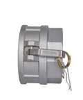 Heavy Duty Built Tough Quick Snap Connect No Sweat Setup For Garden Trucker Lines Corrosion Resistant Camlock Fittings Type D Female Coupler Npt Threads 360-degree view of aluminum coupler with pin and safety latch.