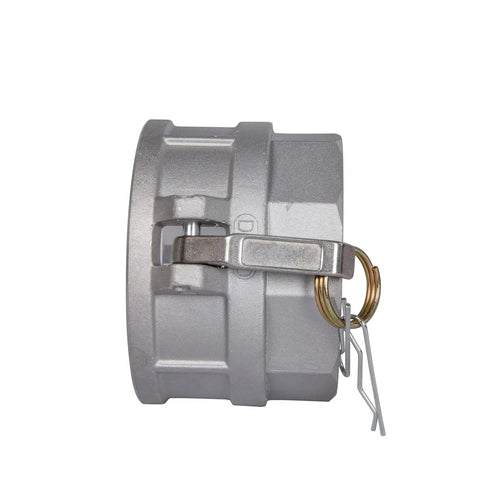Heavy Duty Built Tough Quick Snap Connect No Sweat Setup For Garden Trucker Lines Corrosion Resistant Camlock Fittings Type D Female Coupler Npt Threads 360-degree view of aluminum coupler with pin and safety latch.