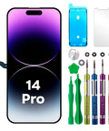 IPhone 14 Pro Six Point One Inch LCD Screen Replacement Kit With 3D Touch Digitizer Display Assembly Tools Included Adhesive Screen Protector And Repair Kit Compatible With A2650 A2889 A2892 A2891 A2890 showing screen, tools, and protector.