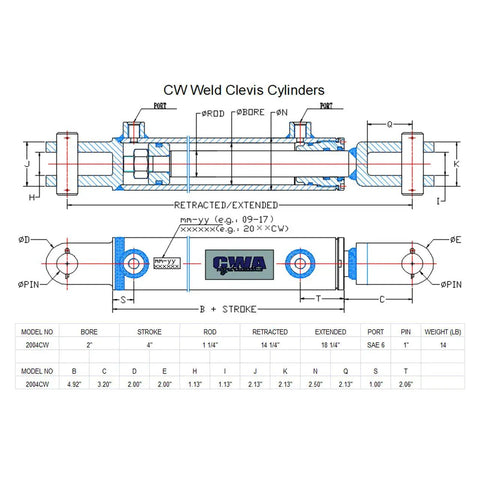 Weld Clevis Hydraulic Cylinder 2 Inch Bore 4 Inch Stroke 1 1/4 Inch Rod SAE 6 Port 3000 PSI Rated Heavy Duty Industrial Cylinder For Agriculture, Construction, Forestry, And Material Handling., technical drawing showing 2 in bore and 4 in stroke