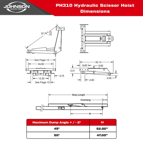 PH310 Hydraulic Scissor Hoist Kit dimensions diagram for Built Tough Hydraulic Scissor Hoist Kit For Dump Trailers Handling 6000 Lbs Without Hassle Using 12V Kti Single Double Acting Pump For 8 To 10 Foot Bed Tilt And Daily Grind.