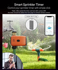 WiFi Garden Hose Water Timer With Hub For Remote Auto Irrigation and App Control shown with outdoor faucet and sprinkler in operation