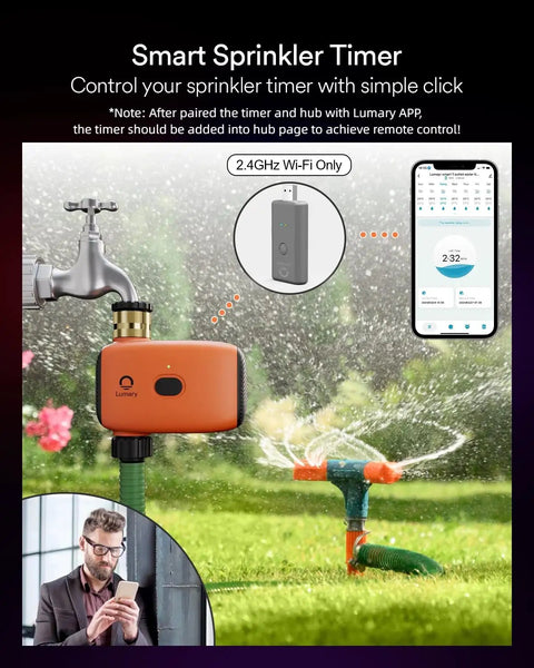 WiFi Garden Hose Water Timer With Hub For Remote Auto Irrigation and App Control shown with outdoor faucet and sprinkler in operation