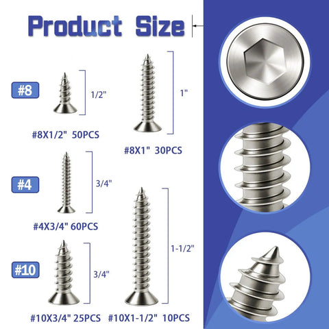 Wood Screws Assortment Kit 175 Pcs Pro Grade Set With Flat Head Hex Socket Countersunk Self Tapping Screws For Wood And Plastic