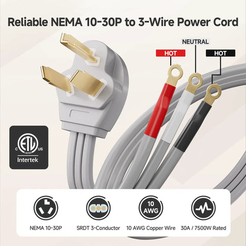 Close-up of 10 AWG 3 Prong Dryer Cord 6 Foot 30A 7500W NEMA 10-30P To 3-Wire Appliance Cord Gray UL Listed with plug details