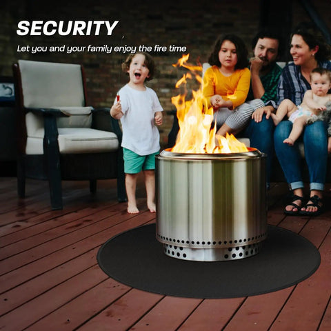 Family enjoying fire on deck with 36 Inch Round Fire Pit Mat For Solo Stove Bonfire And Ranger 2.0, Fireproof Under Grill Mat