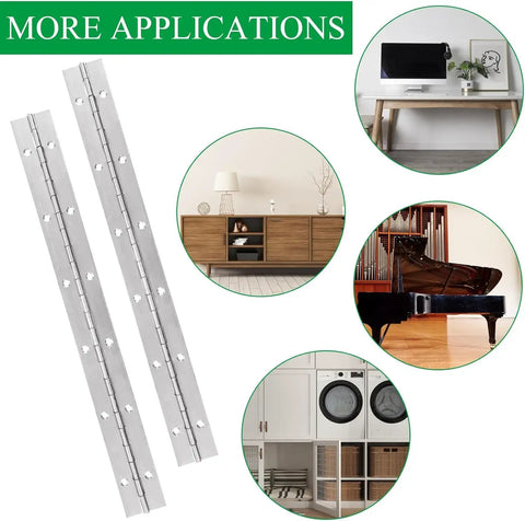 Heavy Duty 12 Inch Continuous Piano Hinge With Pre Drilled Holes Stainless Steel Cabinet Hardware used in various applications including furniture.
