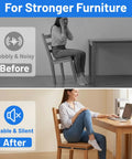 Comparison of a wobbly chair before and a stable chair after using 16 Pack Beefy Straight Wood Brackets Heavy Duty Metal Braces 7.68 Inch Flat Mending Plates For Furniture Repair Cold Rolled Steel Black Joining Plates Reinforce Joints And Fix Cracks.