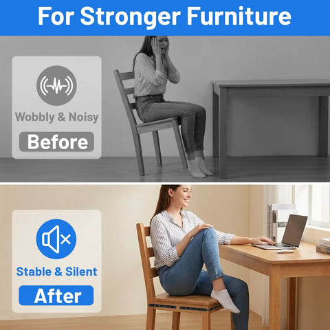 Comparison of a wobbly chair before and a stable chair after using 16 Pack Beefy Straight Wood Brackets Heavy Duty Metal Braces 7.68 Inch Flat Mending Plates For Furniture Repair Cold Rolled Steel Black Joining Plates Reinforce Joints And Fix Cracks.