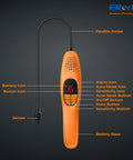 Elitech refrigerant leak detector handheld with orange body, flexible probe and digital display (front view)