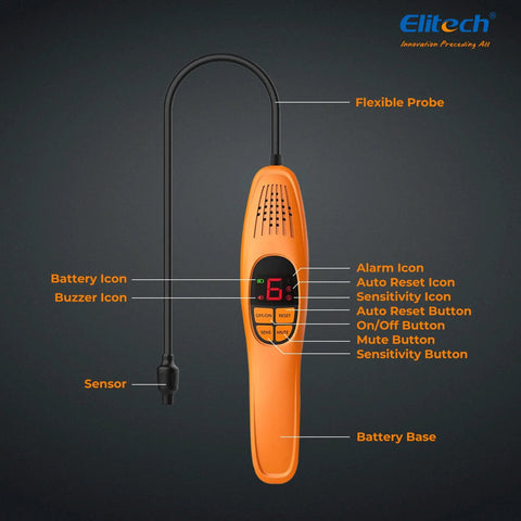 Elitech refrigerant leak detector handheld with orange body, flexible probe and digital display (front view)