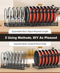 Expandable Pot And Pan Organizer Rack For Cabinet With 14 Adjustable Dividers To Hold Lids And Pans installed in kitchen