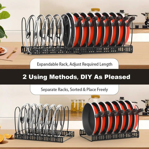 Expandable Pot And Pan Organizer Rack For Cabinet With 14 Adjustable Dividers To Hold Lids And Pans installed in kitchen