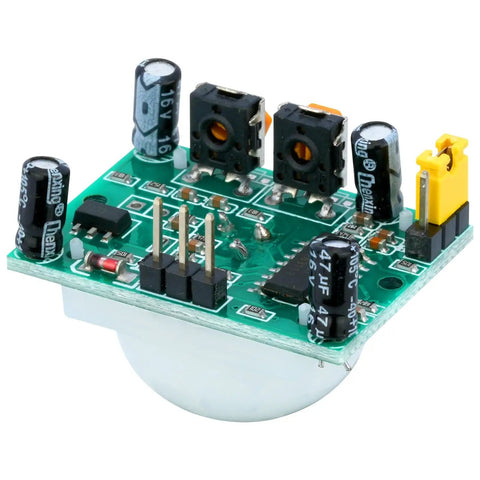 Close-up of HC-SR501 PIR motion sensor module, part of the Three Pack HC SR501 PIR Motion Sensor Modules For Raspberry Pi And Arduino DIY Projects Infrared Human Detection 4.5 To 20V DC 3.3V High Output 0V Low Output Up To Seven Meters Range Includes Holders Screws And Nuts