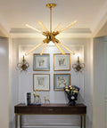 Sputnik Style Gold Flush Mount Chandelier With Eight E26 LED Tube Bulbs Includes Nine Bulbs Total Adjustable Height Three Section Rod