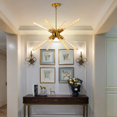 Sputnik Style Gold Flush Mount Chandelier With Eight E26 LED Tube Bulbs Includes Nine Bulbs Total Adjustable Height Three Section Rod