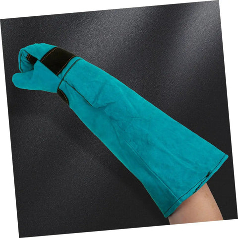 Pet Grooming Gloves For Dogs And Cats With Long Sleeve Protective Faux Leather, showing blue glove on arm against black background.