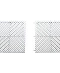 Close-up of two white Vented Interlocking Radiator Cover Tiles Set For Home And Office, No Tools Needed, Super Easy Install, 30 Tile Pack.