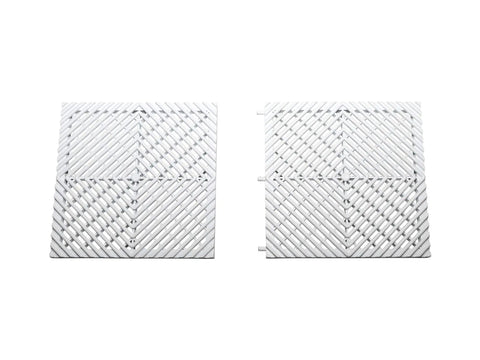 Close-up of two white Vented Interlocking Radiator Cover Tiles Set For Home And Office, No Tools Needed, Super Easy Install, 30 Tile Pack.