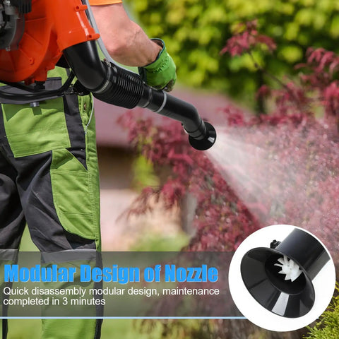 Person using Gas Powered Backpack Fogger With 43cc Engine 20L Mosquito Control Sprayer in garden, close-up of nozzle.
