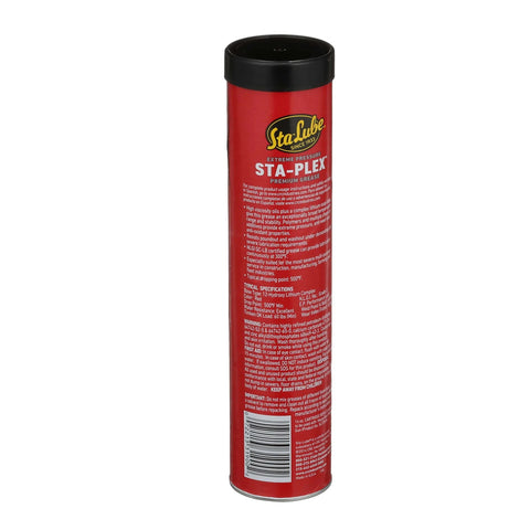 Side view of Plex Extreme Pressure Premium Red Grease 14 Oz Multi Purpose Lithium Complex Grease cartridge for machinery use.