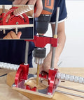 Portable Drill Guide For Dead Nuts Straight And Angled Holes Up To Sixty Degrees with a drill and wood piece in use.