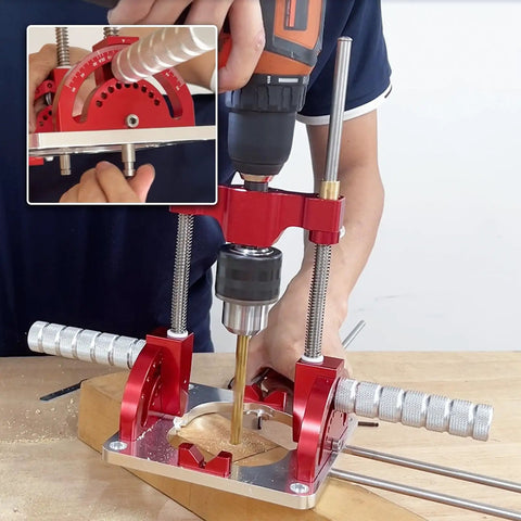 Portable Drill Guide For Dead Nuts Straight And Angled Holes Up To Sixty Degrees with a drill and wood piece in use.