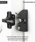Heavy Duty Key Lockable Double Sided Gate Latch For Outdoor Fences in black, featuring durable polymer construction for easy installation.