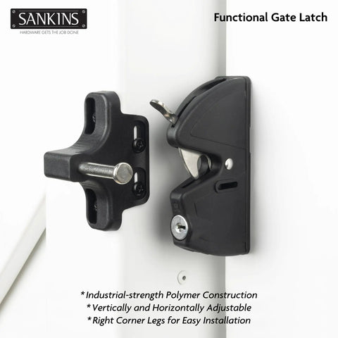 Heavy Duty Key Lockable Double Sided Gate Latch For Outdoor Fences in black, featuring durable polymer construction for easy installation.