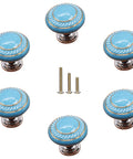 Totally Groovy Blue Mushroom Ceramic Cabinet Knobs, 6 Pack of Glossy Round Drawer Pulls for Dresser and Wardrobe, 1.38 Inch Diameter, Smooth Polish, 3 Screw Sizes Included, six glossy blue ceramic knobs with brass screws.