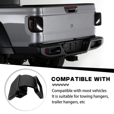 Back of a car showing Dust Proof Trailer Hitch Plug 1.9 Inch Hitch Cover for Cars and Trailers Square Mouth Black Protection Cap Durable TPU