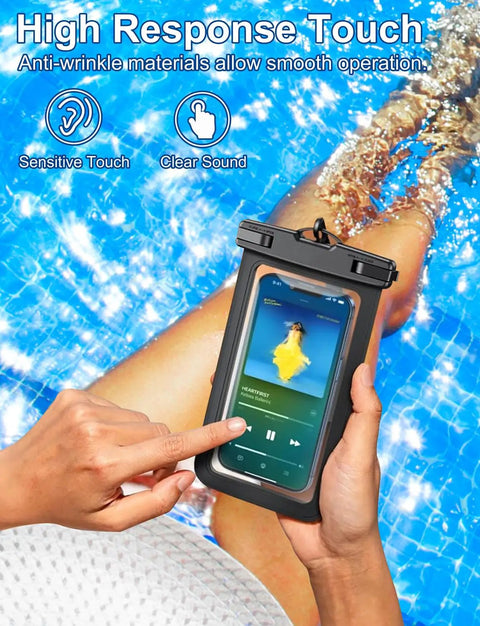 Two Pack Waterproof Phone Pouch Case Black And White IP68 Dry Bag For Smartphones Up To 8.3 Inches includes lanyard in pool setting