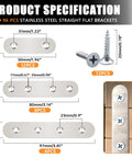 Heavy Duty Stainless Steel Flat Metal Brackets And Mending Plates 96 Pack, specifications image showing sizes and screws.