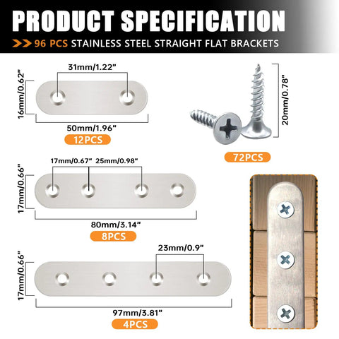 Heavy Duty Stainless Steel Flat Metal Brackets And Mending Plates 96 Pack, specifications image showing sizes and screws.