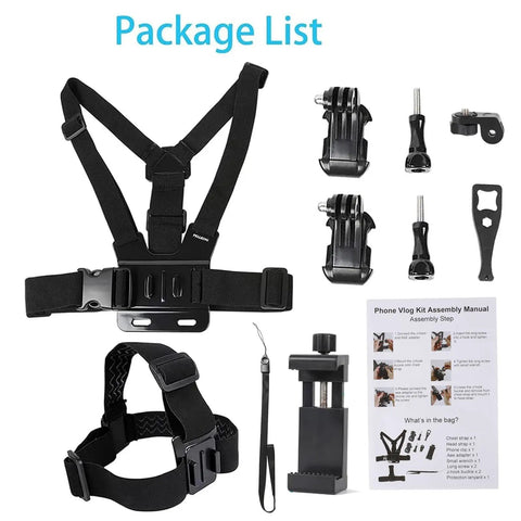 Hands Free POV Filming Kit With Chest Strap Harness Mount And Head Strap Holder For Mobile Phones And Action Cameras shown in package