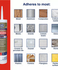 Advanced Silicone Kitchen And Bath Sealant In Almond Color For Easy DIY No Mess Caulking In Kitchens And Bathrooms Two Point Eight Ounce Tube Made In USA Durable Long Lasting Grout Line Edge Sealant with adheres to most surfaces list.