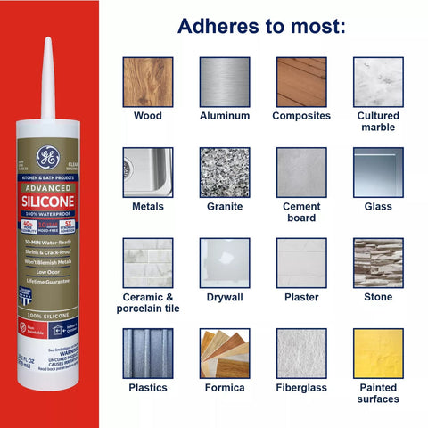 Advanced Silicone Kitchen And Bath Sealant In Almond Color For Easy DIY No Mess Caulking In Kitchens And Bathrooms Two Point Eight Ounce Tube Made In USA Durable Long Lasting Grout Line Edge Sealant with adheres to most surfaces list.