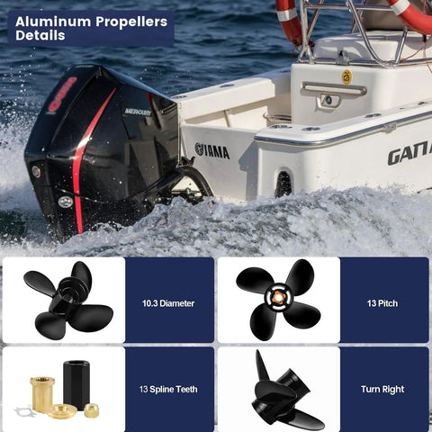 Aluminum Boat Propeller With Interchangeable Hub Kits For Mercury Outboards 30HP To 60HP Four Blade Right Hand Rotation 10.3 Inch Diameter 13 Pitch 13 Spline Includes Hub For Easy Swap Built For Speed And Quick Hole Shots